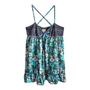 Free People Teal Blue Floral Cami with Lace Yoke